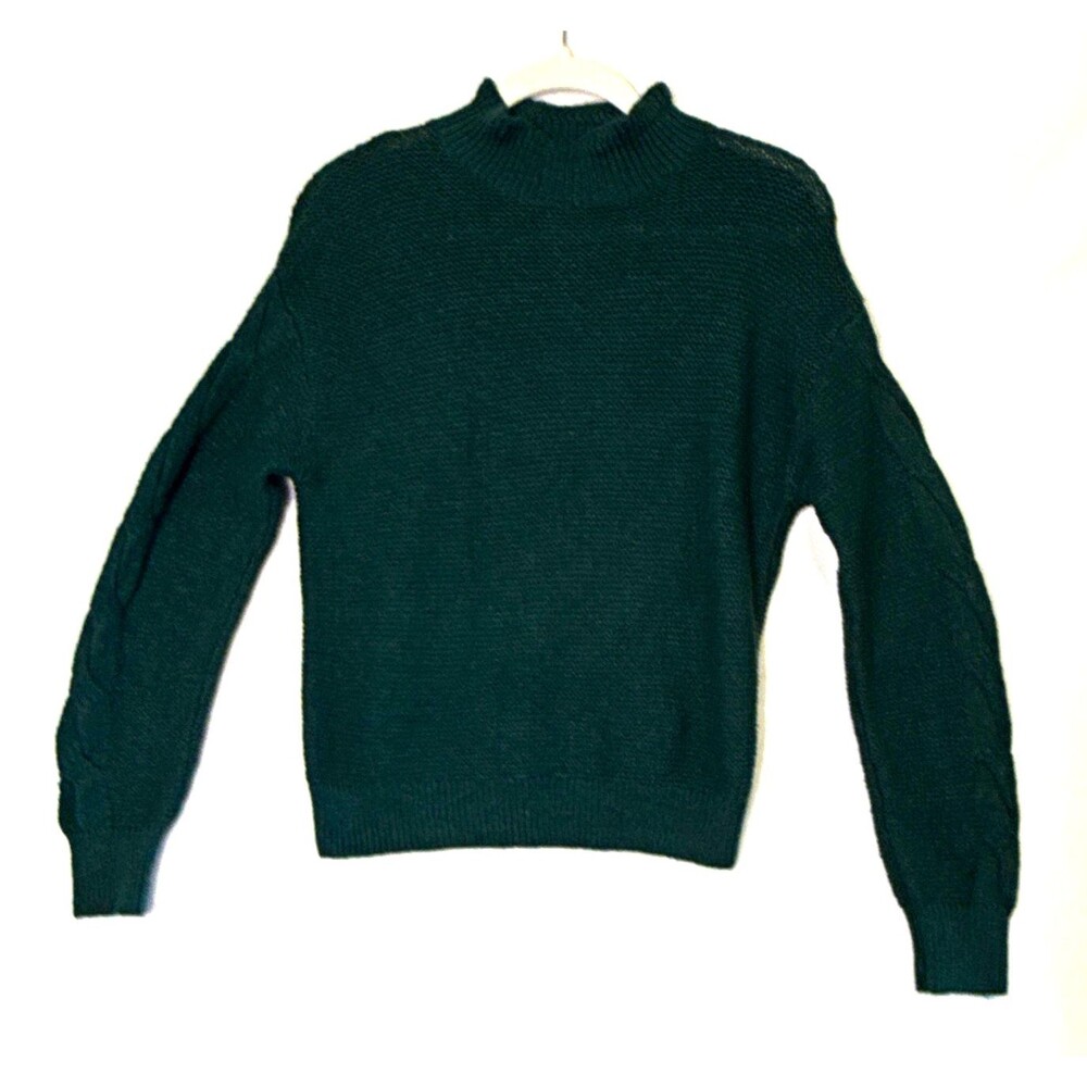 J.CREW Forest Green SM Cable Knit Mock Neck Pullover Sweater $98 Raglan Stretch